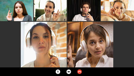 Collage of young people, men and women having video call with teacher, tutor