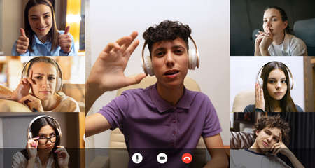 Collage of young people, students, friends communicating online via video call