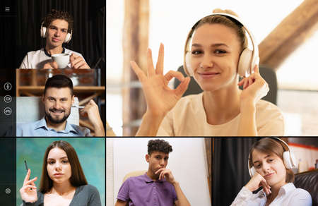 Collage of young people having online session with psychologist via Internetの写真素材