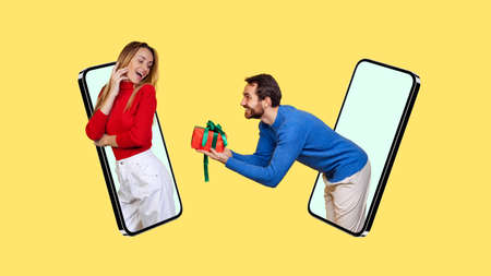 Collage of man and woman sticking out phone screen isolated over yellow background