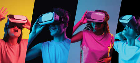 Collage of four young people, man and women wearing VR headset isolated on multicolored background...