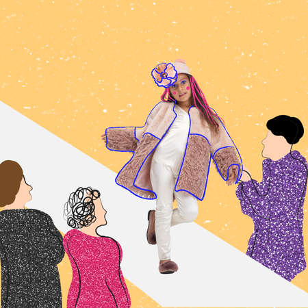 Creative design. Contemporary art collage. Little girl, child pretending to be supermodel walking the catwalkの写真素材