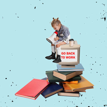 Contemporary art collage of little playful girl, child playing, pretending to be boss isolated over...