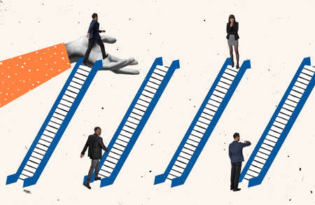 Contemporary art collage. Employees standing on stairs, going ups and downs