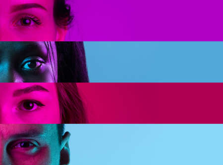 Half face collage of male and female eyes placed on narrow horizontal stripes over multicolored...