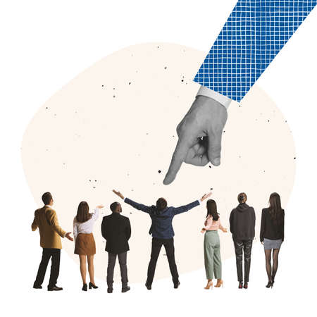 Contemporary art collage. People standing in a line and gian hands choosing one man symbolizing job hiringの写真素材