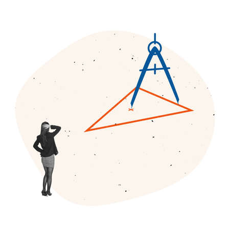 Contemporary art collage. Woman, office worker, employee having struggles, troubles with makng decisionの写真素材