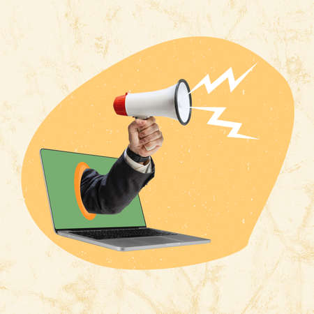 Contemporary art collage. Male hand with megaphone sticking out laptop screen and shouting to hire new employeesの写真素材