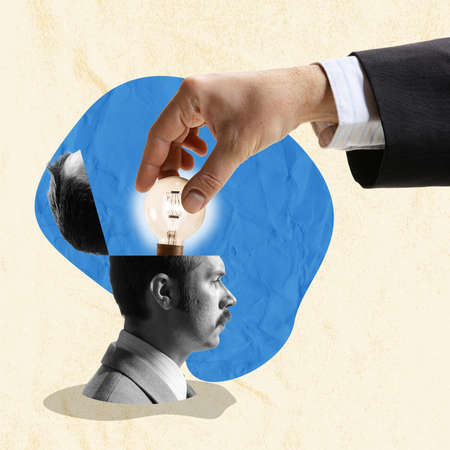 Contemporary art collage. Huge hands putting lightbulb into males head symbolizing ideas