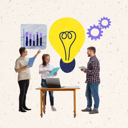 Creative design. Contemporary art collage of team, employees working on new business project, creating new ideasの写真素材