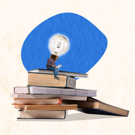 Contemporary art collage. Man, employee sitting on giant books and working on laptop, generating new...