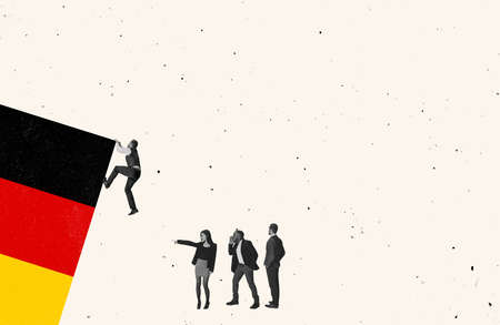 Cotemporary art collage. Man climbing up the rock with german flag symbolizing worldwide business cooperationの写真素材