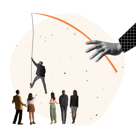 Contemporary art collage. Group of people, eployees lookin on gint hand hooking a man symbolizing promotionの写真素材