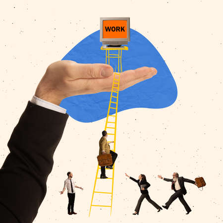 Contemporary art collage. Employee climbing up the ladder to get a job, vacancy hunter