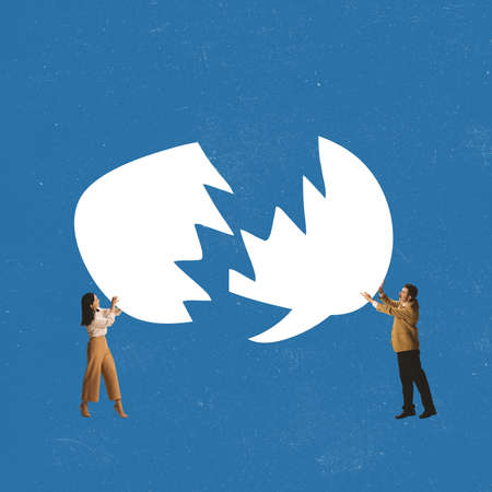 Contemporary art collage. Man and woman, employees connecting speech bubble symbolizing good communicationの写真素材