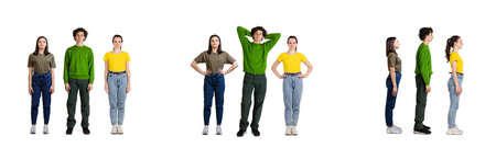 Collage. Full-length portraits of two young girls and boy posing in casual cloth, standing in a line...