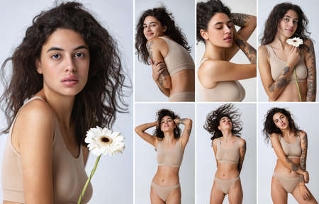 Collage of body parts of beautiful young tender woman posing in underwear isolated over gray backgroundの写真素材