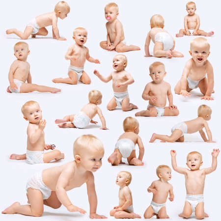 Collage of beautiful cute baby girl in diaper posing isolated over white studio backgroundの写真素材