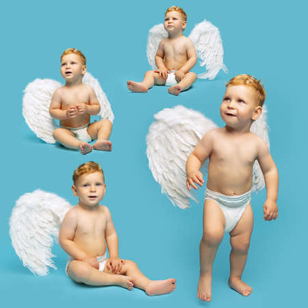 Collage of portraits of little boy, baby, child calmly posing with angel wings isolated over blue backgroundの写真素材
