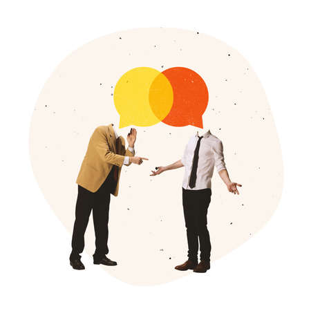 Contemporary art collage. Two business peoprl talking, man giving advice, help to another employeeの写真素材