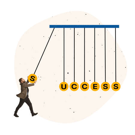 Contemporary art collage. Businessman, employee pulling ballancing ball on pendulum with word...