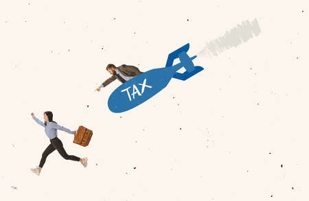 Contemporary art collage. Woman, employee, office worker running from flying tax rocket