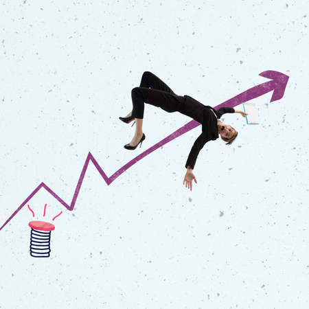Contemporary art collage. Office worker, corporate executive falling down from graph arrowの写真素材