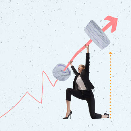 Creative design. Contemporary art collage. Businesswoman, motivated employee pushing upwards heavy...