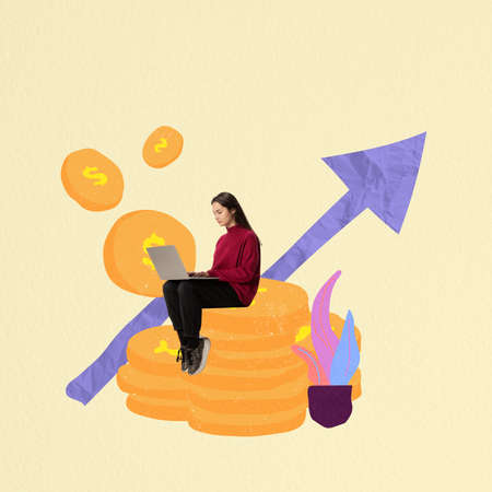 Contemporary art collage. Motivated student, trainee, probationer working with laptop and rising profitの写真素材