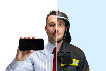 Collage. Half-face portraits of two brutal man, businessman and firefighter isolated over white and...