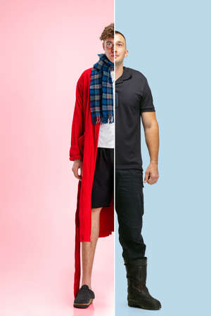 Collage of man and young boy, firefighter and young ill boy isolated over pink and blue backgroundの写真素材