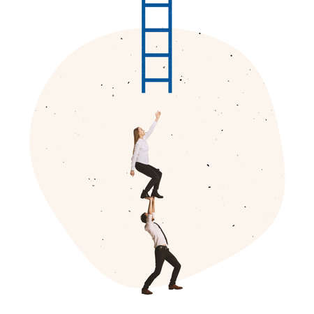 Contemporary art collage. Office worker helping employee to reach climbing ladder of successの写真素材