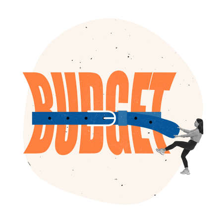 Contemporary art collage. Businesswoman tightening budget word with belt symbolizing financial decreaseの写真素材