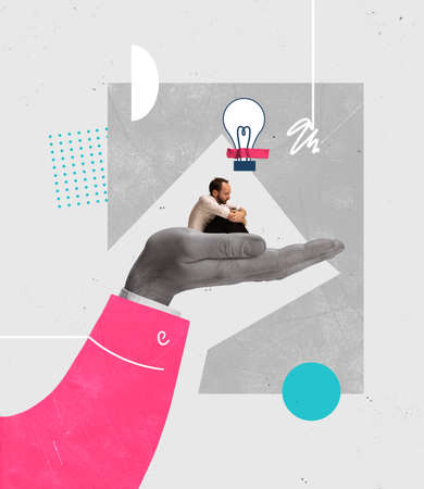 Creative design, contemporary art collage of sad, unhappy looking man sitting with lightbulb aboveの写真素材