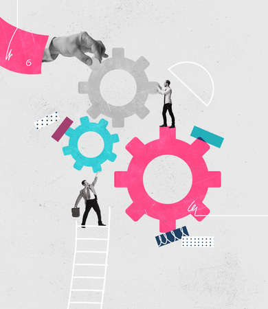 Contemporary art collage of people making, connecting gears symbolizing teamwork, working experienceの写真素材