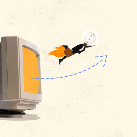 Creative design. Contemporary art collage. Businesswoman breaking through computer screen, flying to...