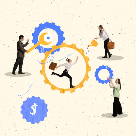 Contemporary art collage. Business people working together on project, improving business machine
