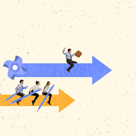 Contemporary art collage. Three employees rowing and one flying on arrow symbolizing competitive way...