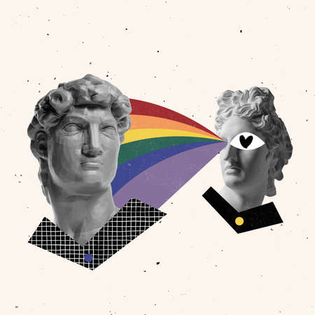 Contemporary art collage with two antique statue heads in a surreal style