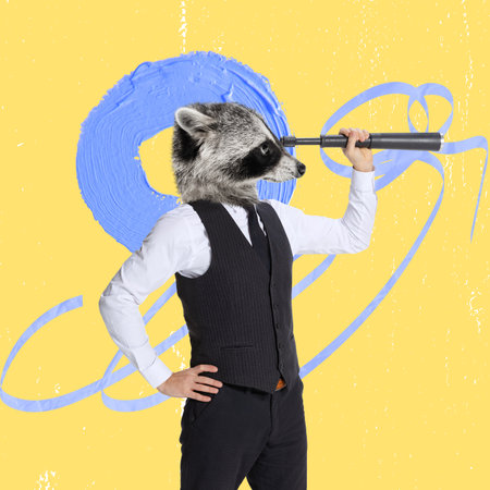 Contemporary art collage. Man in official cloth with raccoon head looking in telescope isolated over yellow backgroundの写真素材