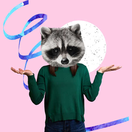 Creative design. Contemporary art collage. Woman with raccoon head spreading hands in disbelief isolated over pink backgroundの写真素材