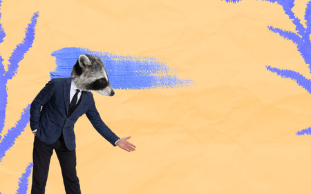 Creative design. Contemporary art collage. Businessman with raccoon head spreading hand to shake isolated over orange backgroundの写真素材