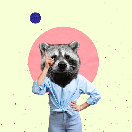 Contemporary art collage. Woman with raccoon head rising finger symbolizing new idea isolated over yellow backgroundの写真素材