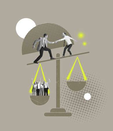 Creative design. Contemporary art collage. Team leaders standing on scales and holding handsの写真素材