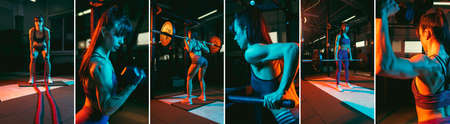 Collage of portraits of young sportive girl training, doing exercises in the gymの写真素材