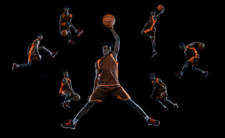 Collage of portrait of professional basketball player in uniform playing, training isolated over black backgroundの写真素材