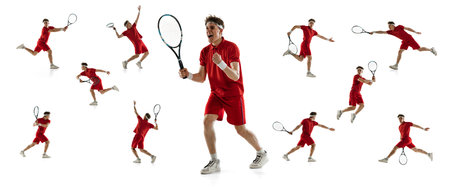 Portraits of young man, professional tennis player in red uniform training isolated on white background. Collageの写真素材