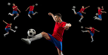 Collage. Portraits of professional football player in red uniform training, posing isolated over black backgroundの写真素材