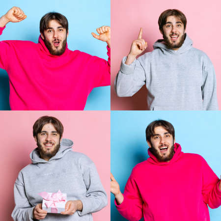 Collage. Portraits of young hsppy man in casual cloth, hoodies, cheerfully posing isolated over pink...