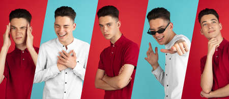 Portraits of young handsome boy posing with different emotions isolated over blue and red...